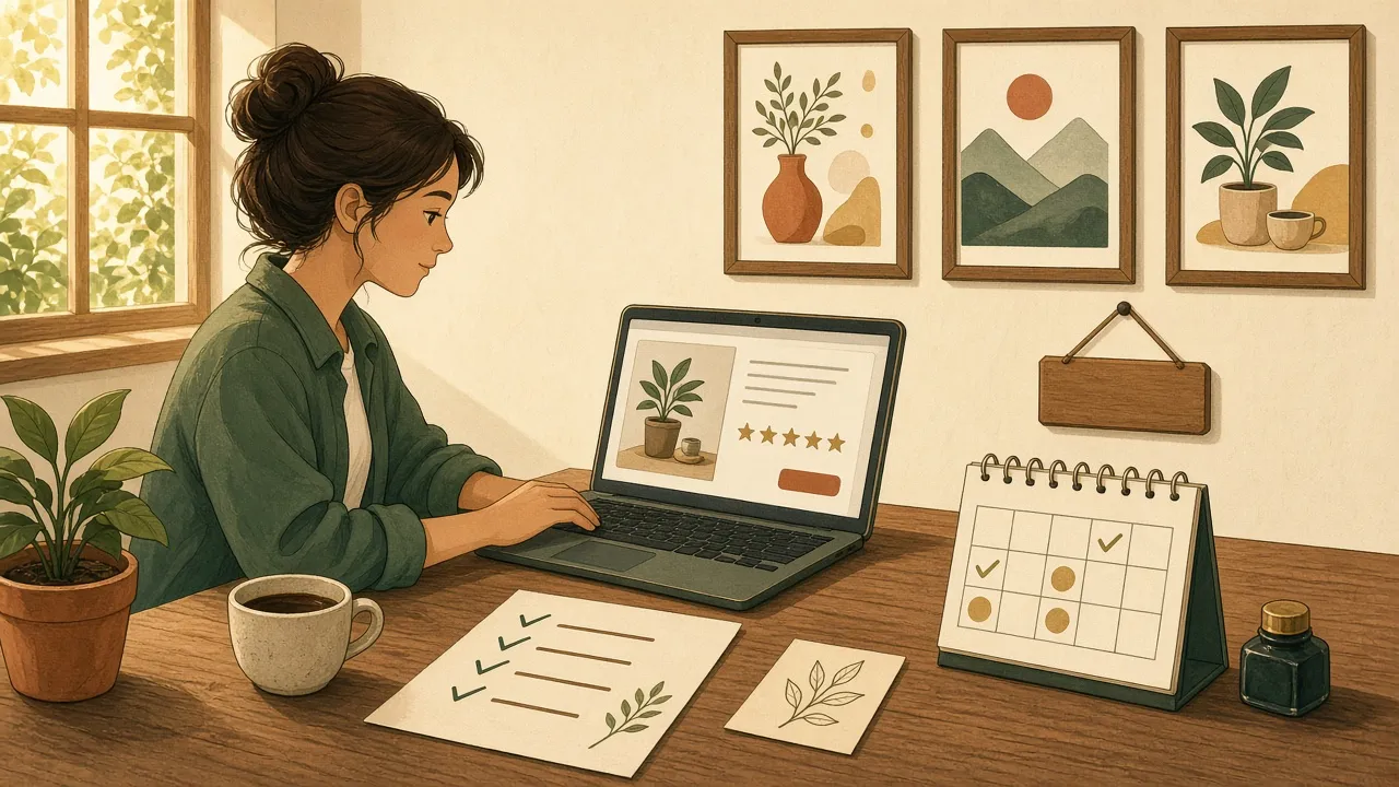A freelancer at a workshop desk with a laptop, checklist, calendar, and three sample designs on the wall