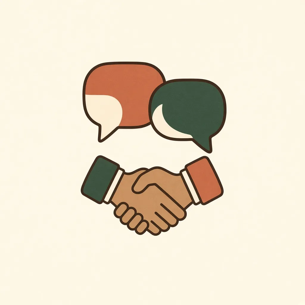 Two speech bubbles and a handshake